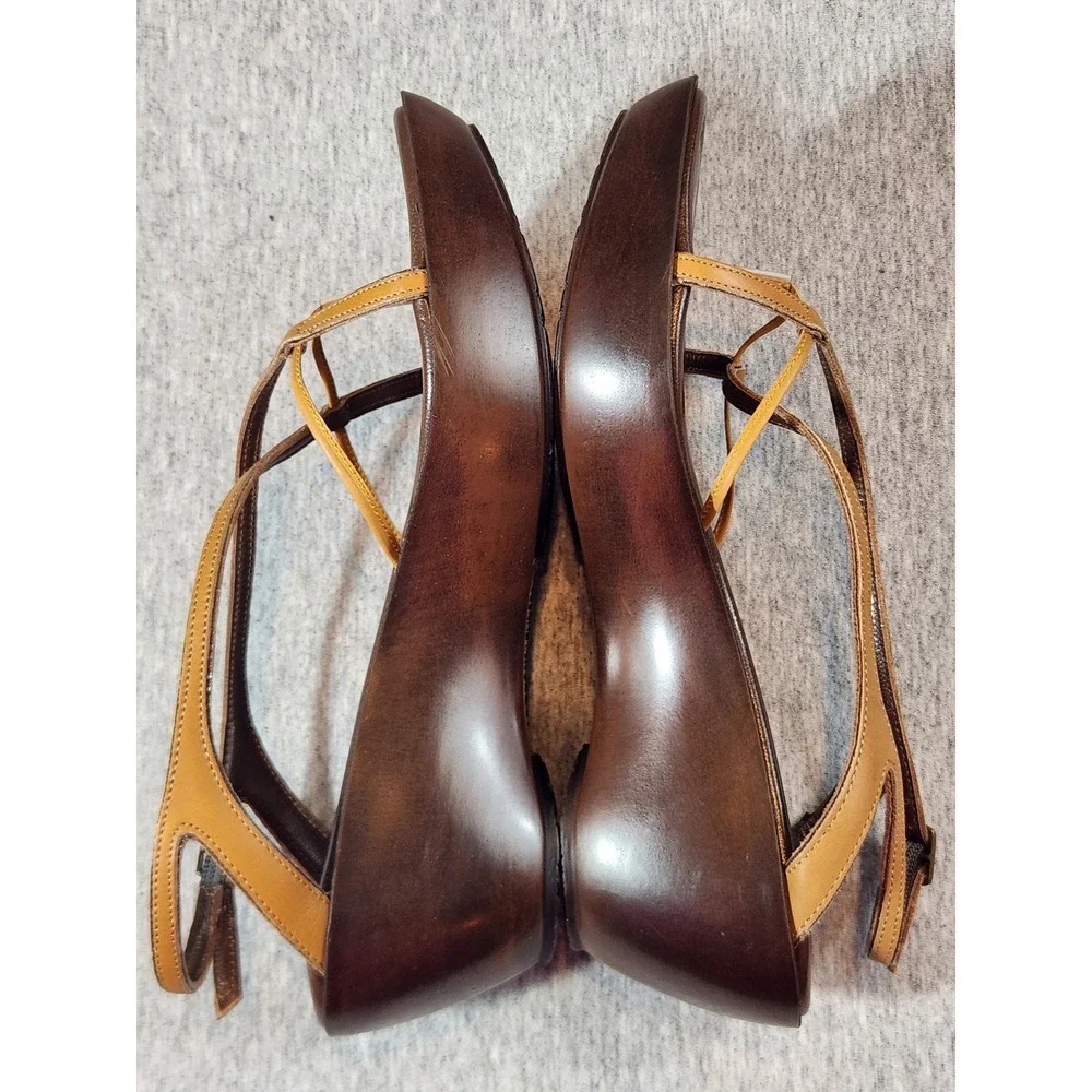 Donald J Pliner Wedge Sandals Womens 6M Brown Tan Strappy Leather CHAVA3 Italy